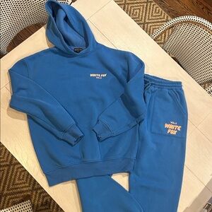 White Fox Offstage Sweatpants (size small) and Sweatshirt (size xs-s) Azure